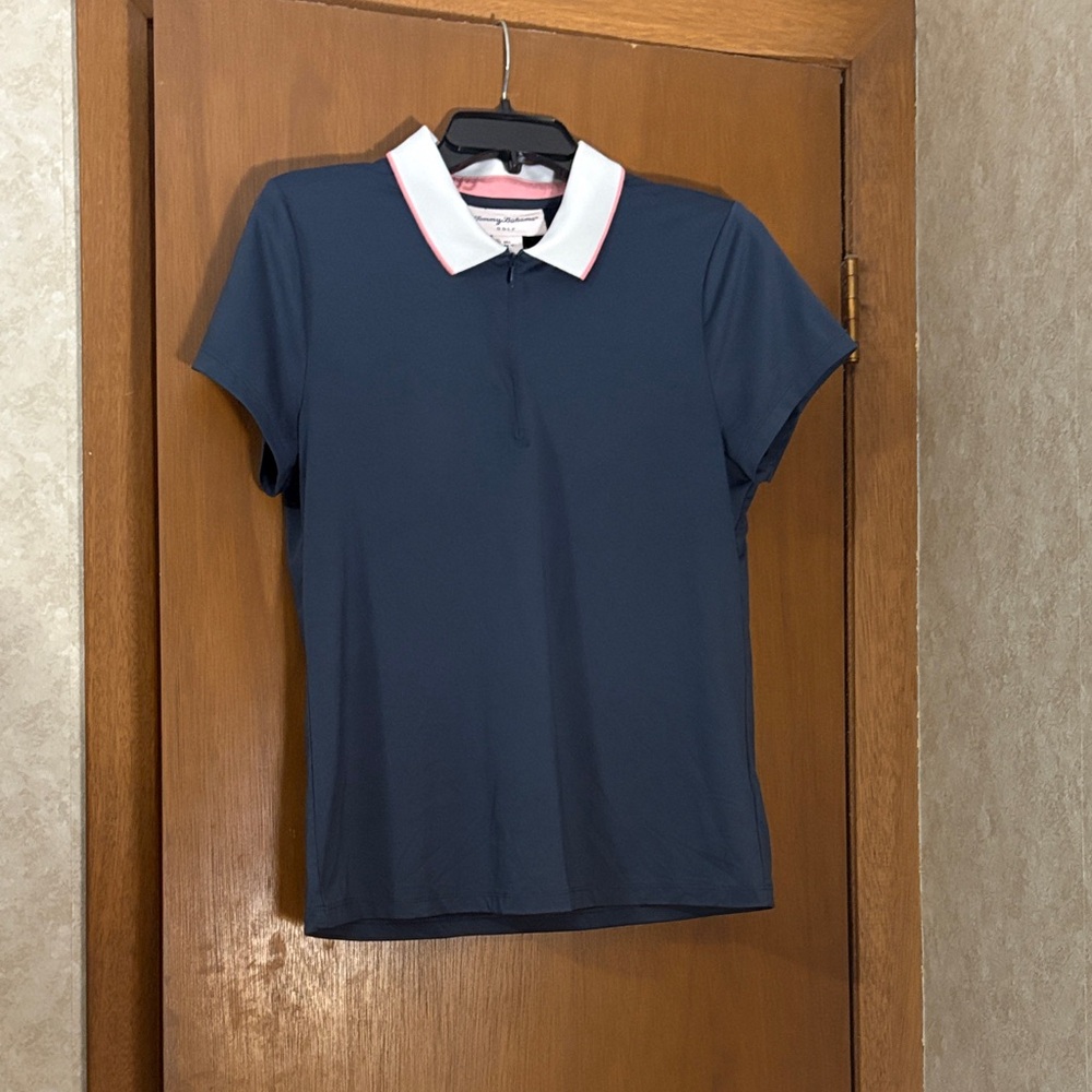Womens L Tommy Bahama Golf Navy Blue Short Sleeve 1/4 Zip Shirt